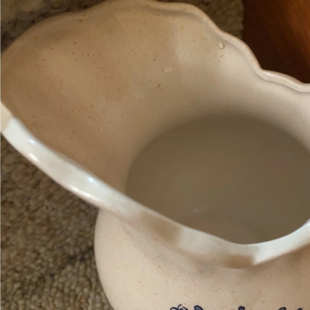 Vintage Enesco Cream Ceramic Pitcher with Blue Floral Design - Picture 4 of 11